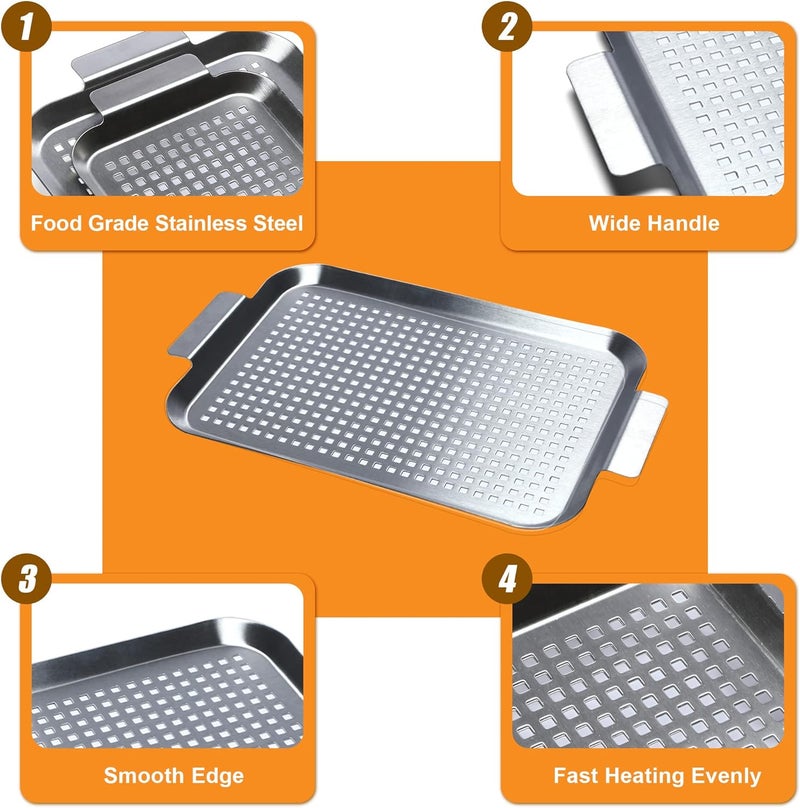 CookTime Grill Pan Set of 2, BBQ Grill Topper for Outdoor Grill, Stainless Steel Grilling Baskets with Holes and Handles, Perforated Food Tray Barbecue Accessories for Vegetable, Fish, Large - Image 2